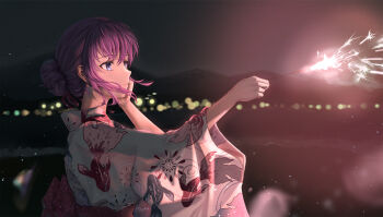 1girl absurdres animal_print blue_eyes bow commentary_request fate/stay_night fate_(series) fireworks fish_print from_side hair_bun hand_on_own_cheek hand_on_own_face hands_up heaven's_feel highres holding holding_fireworks japanese_clothes kimono large_bow lens_flare long_sleeves matou_sakura night print_kimono purple_bow purple_hair revision see-through_silhouette single_hair_bun solo sparkler tooku0 upper_body white_kimono wide_sleeves
