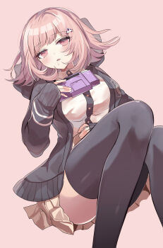 Rule 34 | 1girl, absurdres, blush, breasts, brown hair, collared shirt, commentary request, convenient leg, danganronpa (series), danganronpa 2: goodbye despair, flipped hair, hair ornament, handheld game console, highres, holding, holding handheld game console, hood, jacket, long sleeves, looking at viewer, medium hair, nahoshi (sevenstar744), nanami chiaki, neck ribbon, open clothes, open jacket, open mouth, pink eyes, pink ribbon, pleated skirt, ribbon, saliva, shirt, shirt tucked in, skirt, solo, thighhighs, white shirt