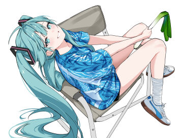 Rule 34 | 1girl, absurdres, ahoge, aqua eyes, aqua hair, between legs, black shorts, blue shirt, blush, chair, commentary, folding chair, food, from above, full body, grin, hair ornament, hand between legs, hatsune miku, head back, highres, holding, holding food, holding spring onion, holding vegetable, knees up, long hair, looking at viewer, looking up, minj kim, photo-referenced, shirt, shoes, short shorts, short sleeves, shorts, sidelocks, simple background, sitting, sitting sideways, smile, sneakers, socks, solo, spring onion, t-shirt, twintails, vegetable, very long hair, vocaloid, white background, white shoes, white socks