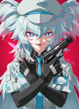 1girl absurdres black_gloves blue_eyes blue_hair blue_necktie commentary english_commentary fangs fingerless_gloves florence_(girls&#039;_frontline_2) girls&#039;_frontline girls&#039;_frontline_2:_exilium gloves gomakyu gun handgun hat heart heart-shaped_pupils highres holding holding_gun holding_syringe holding_weapon id_card long_hair looking_at_viewer mab_pa-15 necktie open_mouth pa-15_(girls&#039;_frontline) peaked_cap red_background shirt simple_background smile solo straight-on symbol-shaped_pupils syringe teeth trigger_discipline two_side_up upper_body weapon white_hat white_shirt