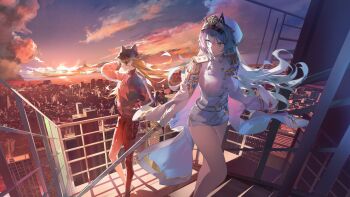 Rule 34 | 2girls, absurdres, animal ears, arm up, baseball cap, black hat, blue eyes, blue hair, bodysuit, breasts, building, buri (retty9349), cat ears, city, cityscape, cloud, crossover, epaulettes, evangelion: 3.0 you can (not) redo, eyepatch, facing to the side, floating hair, goddess of victory: nikke, hand in pocket, hat, helm (nikke), highres, holding, holding sword, holding weapon, jacket, large breasts, lcl, long hair, looking to the side, mecha pilot suit, military uniform, multiple girls, neon genesis evangelion, ocean, orange hair, orange sky, outdoors, peaked cap, plugsuit (evangelion), railing, rebuild of evangelion, red bodysuit, red jacket, short shorts, shorts, sky, souryuu asuka langley, stairs, sunset, sword, track jacket, very long hair, weapon, white jacket, white shorts