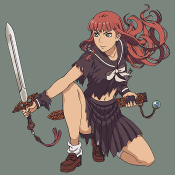 Rule 34 | 1girl, anime coloring, black serafuku, blouse, commentary request, dress, graphite (medium), green eyes, harasyu1, holding, holding sword, holding weapon, jian (weapon), juuni kokuki, long hair, nakajima youko, navel, pleated skirt, red hair, revision, sailor collar, sailor dress, school uniform, serafuku, shirt, shoes, simple background, skirt, socks, suiguutou (juuni kokuki), sword, torn clothes, traditional media, weapon