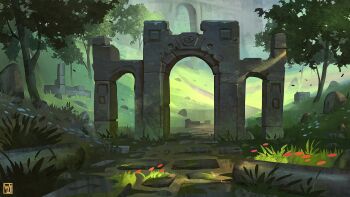 architecture artist_logo bush day fantasy flower foliage gate grass highres leaf light_rays logo nature no_humans original outdoors path pillar plant puddle road rock ruins scenery stone_walkway sunlight tree waltjan