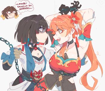 3girls armpits arms_up bare_shoulders black_hair bound bound_wrists breasts chain chained commentary detached_sleeves english_commentary eye_contact grey_background guinaifen_(honkai:_star_rail) highres honkai:_star_rail honkai_(series) large_breasts looking_at_another multiple_girls off-shoulder_shirt off_shoulder orange_hair shirt short_hair short_sleeves simple_background spaghetti_strap sushang_(honkai:_star_rail) unfamousradish white_shirt xueyi_(honkai:_star_rail) yellow_eyes