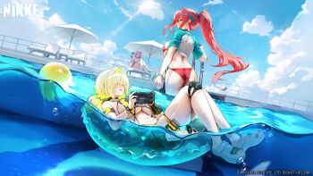3girls :p ahoge aqua_hairband ass asymmetrical_pasties ball beach_umbrella beachball bikini blonde_hair blurry breasts choker cleavage climbing_ladder clothes_lift clothing_cutout cloud commentary commentary_request crocs cropped curvy day depth_of_field dorothy_(nikke) dorothy_(serendipity)_(nikke) elegg_(boom_and_shock)_(nikke) elegg_(nikke) flower-shaped_hair game_cg game_controller_print goddess_of_victory:_nikke hair_intakes hair_over_eyes hairband handheld_game_console highres huge_ass large_breasts lens_flare long_hair medium_breasts meme multiple_girls navel official_alternate_costume official_alternate_design official_art one-piece_swimsuit partially_underwater_shot pink_hair ponytail pool_ladder rapi_(nikke) rapi_(red_hood)_(nikke) rapi_(red_hood)_(red_flavor)_(nikke) red_bikini red_eyes red_hair see-through_slingshot_swimsuit shiny_skin shirt shirt_lift short_hair sidelocks skindentation slingshot_swimsuit smile spoilers swimsuit thighs thong thong_bikini tongue tongue_out umbrella watermark wet wide_hips yellow_one-piece_swimsuit yellow_slingshot_swimsuit
