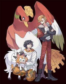Rule 34 | 2boys, animification, ankh (ooo), belt, black background, black boots, black hair, boots, braid, brown eyes, brown hair, chinese commentary, clenched teeth, closed mouth, commentary request, commission, crossed arms, crossover, full body, fur trim, gen 2 pokemon, gen 7 pokemon, highres, hino eiji, ho-oh, jacket, kamen rider, kamen rider ooo (series), kei (momojellyfish), layered clothes, legendary pokemon, long sleeves, looking at another, lycanroc, lycanroc (midday), male focus, multiple boys, nintendo, on one knee, open clothes, open jacket, pants, pokemon, pokemon (creature), red eyes, red pants, shirt, shoelaces, short hair, simple background, smile, standing, teeth, torn clothes, torn pants, white shirt