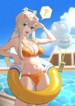 1girl ? absurdres arm_up armpits bare_shoulders bikini blonde_hair blue_eyes blue_sky blunt_bangs blurry blurry_background blush braid breasts cleavage cloud collarbone commentary_request cowboy_shot day eyewear_on_head flower_hairband ghost goddess_of_victory:_nikke groin hair_between_eyes highres holding innertube large_breasts long_hair looking_at_viewer midriff navel official_alternate_costume open_mouth orange_bikini outdoors pool ship_deck sidelocks sky solo_focus spoken_question_mark standing sunglasses swim_ring swimsuit tifuibe tove_(nikke) tove_(sunblaze)_(nikke) twin_braids water white-framed_eyewear wristband