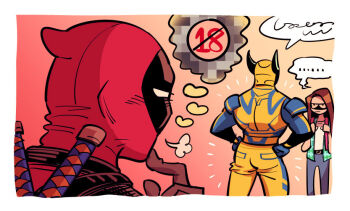 ... 1girl 2boys ass back belt blush bodysuit brown_hair censored_thought commentary_request deadpool deadpool_&amp;_wolverine deadpool_(series) facial_hair gloves hands_on_own_hips katana laura_kinney long_hair looking_at_another looking_at_ass marvel multicolored_bodysuit multiple_boys muscular muscular_male om85549 pervert red_bodysuit red_mask shaded_face shirt speech_bubble spoken_ellipsis superhero_costume sword sword_on_back two-tone_bodysuit weapon weapon_on_back wolverine_(x-men) x-men yaoi yellow_bodysuit
