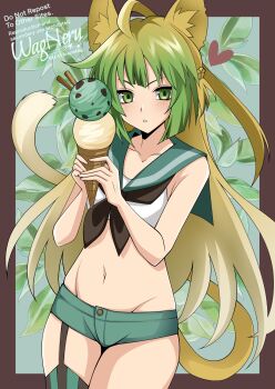 1girl animal_ears atalanta_(fate) bare_shoulders blonde_hair blush braid breasts cat_ears cat_tail commentary_request cropped_shirt fate/apocrypha fate_(series) food gradient_hair green_eyes green_hair green_sailor_collar green_shorts highres ice_cream long_hair looking_at_viewer medium_breasts multicolored_hair navel neckerchief sailor_collar shirt short_shorts shorts single_thighhigh sleeveless sleeveless_shirt solo tail thighhighs thighs wagu_neru