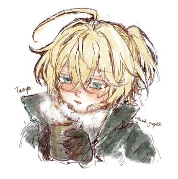 1girl ahoge artist_name black_gloves blonde_hair blue_eyes blush character_name child commentary_request crossed_bangs cup fur-trimmed_scarf fur_trim gloves green_jacket hair_between_eyes half-closed_eyes hands_up high_ponytail highres holding holding_cup huge_ahoge jacket long_hair looking_ahead naaaaaaaashi1037 open_clothes open_jacket open_mouth ponytail scarf sidelocks simple_background solo steam tanya_degurechaff upper_body white_background white_scarf youjo_senki yunomi