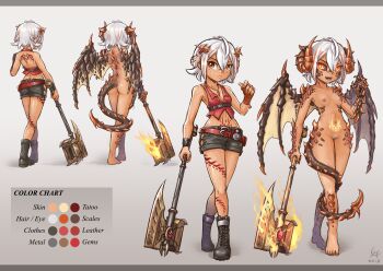 1girl absurdres ass axe barefoot battle_axe belt belt_buckle body_freckles body_markings boots breasts buckle reference_sheet chest_belt claws cleft_of_venus color_guide completely_nude corset demon_form demon_girl demon_horns demon_tail demon_wings feet fiera_(chirutai) fingerless_gloves fire flaming_weapon freckles front_and_back gem gloves glowing glowing_eyes highres holding holding_axe horns jewelry maxa&#039; midriff multicolored_hair multiple_belts necklace nipples non-web_source nude orange_hair original pussy red_corset red_gemstone sharp_teeth shiny_skin short_shorts shorts single_fingerless_glove single_glove small_breasts streaked_hair tail teeth weapon white_hair wings