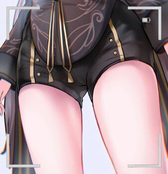 1girl absurdres black_shorts brown_hair byakuyayayayaya cameltoe chinese_clothes close-up genshin_impact head_out_of_frame highres hu_tao_(genshin_impact) legs long_hair long_sleeves lower_body short_shorts shorts solo standing tailcoat thigh_gap thighs view_between_legs