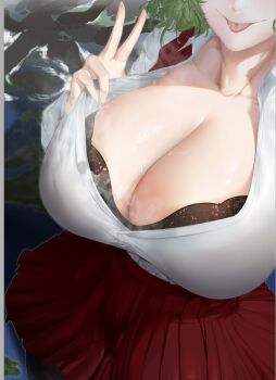1girl :p alternate_breast_size_(larger) alternate_size black_bra bra breasts brown_pantyhose cleavage closed_mouth clothes_pull collarbone cowboy_shot earth_(planet) footprints giant giantess gigantic_breasts green_hair head_out_of_frame highres impossible_clothes impossible_shirt kaos_3_beta kazami_yuuka long_sleeves medium_hair messy_hair miniskirt outdoors pantyhose partially_open_shirt planet pleated_skirt red_skirt red_vest shirt shirt_pull skirt smile solo steaming_body third-party_source tongue tongue_out touhou underwear vest