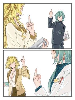 Rule 34 | 1boy, 1girl, aglaea (honkai: star rail), ameysaxip92447, anaxa (honkai: star rail), blonde hair, breasts, faceless, green hair, hetero, honkai: star rail, honkai (series), jacket, jewelry, large breasts, long hair, middle finger, miniskirt, necklace, school uniform, shirt, short hair, skirt, white shirt, yellow jacket