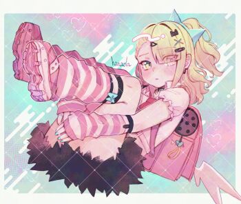 accessories armband bandaid bandaid_hair_ornament blue_nails blush chinatsu_remiel crying_emoji earrings emoji hair_ornament hairpin hanada_(cobalt003) highres jewelry jojifuku leg_warmers multiple_thigh_straps pink_arm_warmers pink_bag pink_leg_warmers ring striped_arm_warmers striped_leg_warmers thigh_strap wings zenless_zone_zero