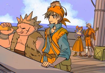 1girl 3boys ahoge bag bandana blue_shirt boat boots breasts brown_boots brown_hair brown_skirt cleavage closed_eyes closed_mouth cloud cloudy_sky coat dragon_quest dragon_quest_viii facial_hair facial_scar full_body fur_vest grey_hair hair_ribbon hamster hamster_on_head hand_on_own_hip hero_(dq8) highres jessica_albert kukuru_(dq8) light_smile long_hair long_skirt looking_through_scope male_focus medium_breasts mouyi multiple_boys ocean off-shoulder_shirt off_shoulder on_boat open_mouth orange_vest pants parted_bangs popped_collar red_bandana red_coat red_hair red_pants ribbon scar scar_on_cheek scar_on_face ship shirt short_hair shoulder_bag skirt sky sleeves_rolled_up smile sparse_chest_hair stubble sweatdrop twintails upper_body vest watercraft white_ribbon yangus