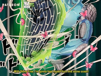 1990s_(style) 1girl animated animated_gif artist_name black_hair bluethebone braid braided_bun breasts bug butterfly commentary double_bun english_commentary eyes_visible_through_hair gradient_background green_eyes green_hair green_lips green_nails hair_bun halterneck insect jojo_no_kimyou_na_bouken kuujou_jolyne lipstick looking_at_viewer makeup medium_breasts multicolored_hair nail_polish navel_piercing open_mouth piercing ponytail retro_artstyle stand_(jojo) star_(symbol) stone_free stone_ocean string subtitled tattoo two-tone_hair