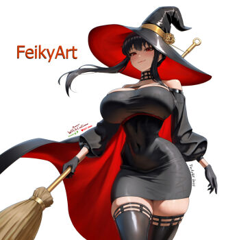 1girl artist_name bare_shoulders black_dress black_hair black_hat black_thighhighs breasts broom cowboy_shot dress feikyart hat holding holding_broom large_breasts red_eyes simple_background solo spy_x_family thighhighs twitter_strip_game white_background witch witch_hat yor_briar