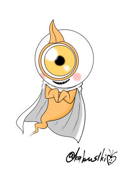 Rule 34 | 1girl, artist name, blush stickers, cape, colored skin, commentary, ghost, ghost pose, ghost tail, highres, kabu siki, kamen rider, kamen rider ghost (series), looking at viewer, monster girl, no humans, one-eyed, open mouth, orange eyes, orange skin, sharp teeth, shiny eyes, simple background, smile, solo, teeth, white background, white cape, yurusen