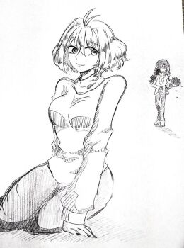 1boy 1girl ahoge arcueid_brunestud black_hair black_pants black_pantyhose bouquet breasts falling_petals flower hair_intakes hair_over_one_eye hukurou_nayuta lineart long_hair looking_at_viewer michael_roa_valdamjong nail_polish on_floor open_clothes open_mouth open_shirt pants pantyhose petals screencap short_hair sketch smile sweater traditional_media tsukihime turtleneck turtleneck_sweater walking