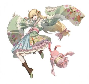 1girl ahoge blonde_hair boots brown_eyes flat_chest frills full_body futaba_anzu hanbok high_heel_boots high_heels highres idolmaster idolmaster_cinderella_girls korean_clothes korean_commentary long_hair looking_at_viewer low-tied_long_hair smile solo stuffed_animal stuffed_rabbit stuffed_toy very_long_hair yul_(user_gyut3424)