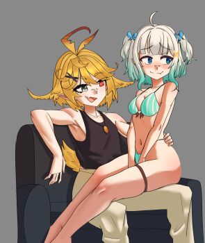 2girls absurdres ahoge bikini blonde_hair blue_eyes blush bow commentary densetsu.exe dokibird english_commentary fang gradient_hair green_eyes green_hair hair_between_eyes hair_bow hair_ornament highres indie_virtual_youtuber mariarthas mint_fantome multicolored_hair multiple_girls open_mouth pointy_ears short_hair sitting sitting_on_lap sitting_on_person swimsuit tank_top two_side_up virtual_youtuber white_hair x_hair_ornament yuri