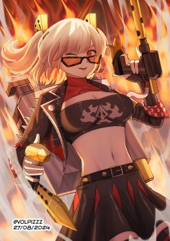 Rule 34 | 1girl, ;d, bandeau, black jacket, black skirt, blonde hair, breasts, burnice white, cleavage, flamethrower, highres, holding, holding flamethrower, holding weapon, jacket, long sleeves, looking at viewer, midriff, navel, one eye closed, open clothes, open jacket, open mouth, orange eyes, short hair, skirt, smile, solo, stomach, strapless, sunglasses, tube top, two side up, volpizzz, weapon, zenless zone zero