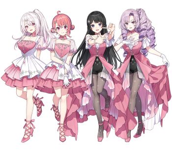 4girls :d ahoge ankle_strap arms_behind_back artist_request bare_shoulders black_hair black_shorts blush bracelet braid breasts chest_tattoo choker clothing_cutout collarbone collared_dress crossed_bangs curtained_hair double_bun dress drill_hair finger_frame flats frilled_dress frilled_gloves frills gloves grey_pantyhose group_picture hair_bun hair_ornament half_up_braid hand_on_own_arm hand_on_own_chest hands_up high-waist_shorts high_heels hyakumantenbara_salome jewelry layered_dress long_dress long_hair looking_at_viewer matching_outfits medium_breasts multicolored_hair multiple_girls nijisanji off-shoulder_dress off_shoulder official_alternate_costume official_art open_mouth pantyhose parted_bangs pendant_choker pink_choker pink_dress pink_eyes pink_ribbon pink_shoes ponytail print_pantyhose puffy_short_sleeves puffy_sleeves purple_eyes purple_hair ribbon sasaki_saku second-party_source see-through_clothes see-through_skirt_layer see-through_sleeves shiina_yuika shoes short_dress short_sleeves shorts showgirl_skirt simple_background single_sidelock skirt_hold small_breasts smile standing standing_on_one_leg star_(symbol) star_hair_ornament star_pendant star_print strappy_heels streaked_hair swept_bangs tattoo transparent_background tsukino_mito very_long_hair virtual_youtuber white_dress white_gloves white_hair