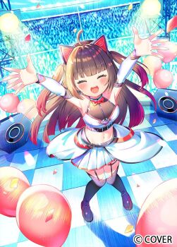 Rule 34 | 1girl, ^ ^, ahoge, animal ear headphones, animal ears, arms up, balloon, bandeau, black boots, black shirt, blunt bangs, boots, bow, bowtie, brown hair, cat ear headphones, cat ears, checkered clothes, closed eyes, commentary request, concert, confetti, copyright name, crowd, detached sleeves, facing viewer, fake animal ears, flat chest, full body, garter straps, gradient hair, halter shirt, halterneck, headphones, highleg, highleg panties, hololive, ikari (aor3507), long hair, long sleeves, miniskirt, multicolored hair, natsuiro matsuri, natsuiro matsuri (re:start), navel, official alternate costume, official alternate hairstyle, official art, open mouth, outstretched arms, overskirt, panties, panty straps, pink hair, platform boots, pleated skirt, red bow, red bowtie, see-through cleavage, see-through clothes, shirt, skirt, sleeveless, sleeveless shirt, smile, solo, spotlight, stomach, teeth, thigh boots, two side up, undershirt, underwear, upper teeth only, virtual youtuber, white bandeau, white skirt, white sleeves