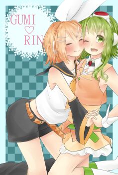 Rule 34 | 2girls, black leg warmers, black sailor collar, black shorts, blonde hair, blush, bow, character name, closed eyes, closed mouth, commentary request, earphones, eshe mr, frilled skirt, frills, goggles, goggles on head, green eyes, green hair, green skirt, green vest, gumi, hair bow, hair ornament, hairclip, headphones, heart, high heels, highres, interlocked fingers, kagamine rin, leg warmers, multiple girls, one eye closed, sailor collar, shirt, short hair, shorts, skirt, sleeveless, sleeveless shirt, smoke, socks, split mouth, vest, vocaloid, white bow, white shirt, white socks, yuri