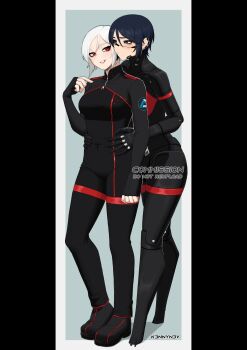 2girls absurdres android ariane_yeong artist_name black_bodysuit black_hair black_shoes blue_eyes blush bodysuit commentary commission digitigrade elster_(signalis) english_commentary hands_on_another&#039;s_waist highres k3nnyn3v multiple_girls penrose_triangle red_eyes shoes short_hair signalis white_hair yuri