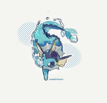 animal_focus artist_name blue_skin colored_skin commentary croissant film_grain fins fish_tail food from_above gen_1_pokemon halftone halftone_background head_fins highres hightguy looking_to_the_side nintendo no_humans pokemon pokemon_(creature) simple_background solo symbol-only_commentary tail vaporeon water water_drop white_background