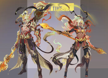 1boy 1girl black_pants black_thighhighs blonde_hair breasts dark-skinned_female dark_skin full_body gauntlets highres holding holding_polearm holding_weapon long_hair looking_at_viewer medium_breasts medium_hair midriff mobile_legends:_bang_bang pants polearm smjim1986 stirrup_legwear thighhighs toeless_legwear very_long_hair weapon