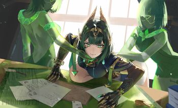 1girl black_gloves book breasts claw_ring closed_mouth coin commentary desk elbow_gloves eye_tattoo facing_viewer genshin_impact gloves green_eyes green_hair hair_ornament highres indoors large_breasts leg_up looking_at_viewer mole mole_under_eye nefer_(genshin_impact) paper short_hair smile solo tattoo watermark window yukii91218