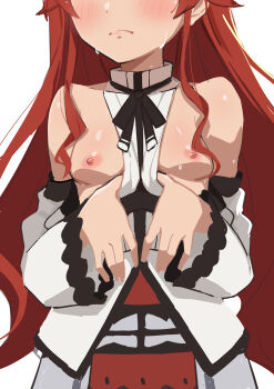 1girl blush breasts breasts_out embarrassed eris_greyrat female_focus frown head_out_of_frame highres long_hair morisobo mushoku_tensei nipples pulling_own_clothes red_hair sidelocks simple_background small_breasts solo standing sweat upper_body white_background