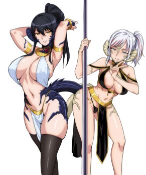 2girls areola_slip arm_up armlet armpits au_ra bare_shoulders black_hair black_panties black_thighhighs blue_eyes blue_horns blue_scales blue_tail bracelet breasts commentary commission covered_erect_nipples curvy dragon_girl dragon_horns dragon_tail english_commentary final_fantasy final_fantasy_xiv foot_out_of_frame gold_armlet gold_bracelet gold_trim harem_outfit highleg holding holding_pole horns jamjamstyle jewelry kaede_(sent_ou) large_breasts multicolored_hair multiple_girls navel original panties parted_lips pelvic_curtain pole ponytail red_streaks sapphira_nyx seductive_smile side_ponytail simple_background sling_bikini_top smile stomach streaked_hair string_panties tail thighhighs underwear usekh_collar v white_background white_hair yellow_eyes
