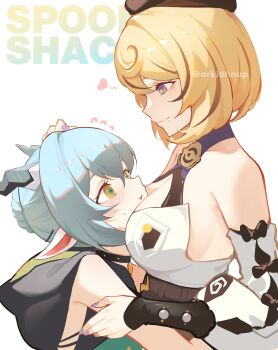 2girls animal_ears ark_john_up bare_shoulders beret between_breasts black_choker blonde_hair blue_hair blush breasts brown_eyes choker cleavage closed_mouth collarbone detached_sleeves face_to_breasts flying_sweatdrops hand_on_another&#039;s_head hat head_between_breasts headpat heart highres hood hood_down horizontal_pupils horns hug large_breasts looking_at_another lucia_elowen medium_hair mole mole_under_mouth multiple_girls open_mouth purple_eyes purple_nails short_hair simple_background sleeveless smile sweatdrop upper_body white_background yidhari_murphy zenless_zone_zero