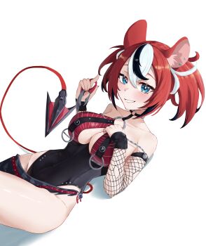 1girl absurdres animal_ears black_one-piece_swimsuit blue_eyes blush breasts cleavage collarbone cosplay dagger ear_piercing fishnet_sleeves fishnets grin hakos_baelz highres holding holding_dagger holding_knife holding_weapon hololive hololive_english jane_doe_(nocturne_of_light)_(zenless_zone_zero) jane_doe_(zenless_zone_zero) jane_doe_(zenless_zone_zero)_(cosplay) knife large_breasts looking_at_viewer lying mouse_ears mouse_girl mouse_tail multicolored_hair on_back one-piece_swimsuit piercing pyrokuro red_hair red_nails simple_background smile solo streaked_hair swimsuit tail twintails virtual_youtuber weapon white_background zenless_zone_zero