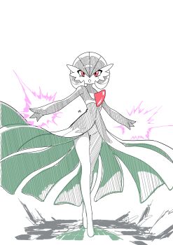 1girl absurdres artist_name aura bob_cut crossed_legs energy female_focus flat_chest floating_clothes full_body gardevoir gen_3_pokemon groin hair_between_eyes highres legs looking_at_viewer nintendo no_pussy open_mouth partially_colored pokemon pokemon_(creature) red_eyes ronaldor short_hair signature simple_background solo standing thighs watson_cross white_background