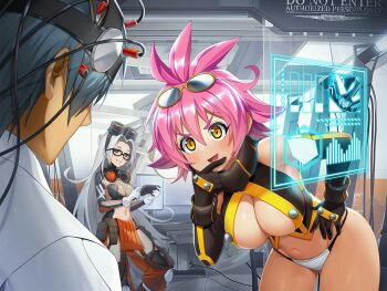1boy 2girls action_taimanin asahi bdsm bent_over blush breasts cleavage_cutout clothing_cutout curvy elbow_gloves eyewear_on_head fuuma_kotarou_(taimanin_series) game_cg gloves huge_breasts indoors interrogation lilith-soft looking_at_viewer medium_breasts mekamura_uraru multiple_girls naughty_face navel neon_lights official_art open_mouth pink_hair rene_(taimanin_asagi) revealing_clothes shiny_skin short_hair taimanin_(series) thong wide_hips yellow_eyes