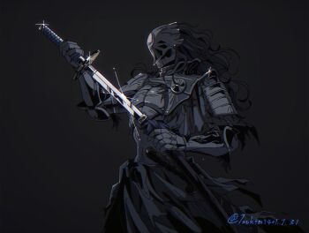 1boy alternate_costume arm_up armor black_armor black_background black_hair black_loincloth breastplate cowboy_shot elden_ring elden_ring_nightreign executor_(elden_ring) gauntlets glint hand_up hashtag-only_commentary helmet highres holding holding_sword holding_weapon japanese_armor katana loincloth long_hair looking_to_the_side male_focus multiple_swords official_alternate_costume plume scabbard sheath shoulder_armor single_sode sode solo standing sword unsheathing vambraces weapon ya_ya_(jiling651)