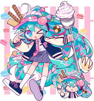 &gt;_o 1girl ^_^ aqua_eyes aqua_hair checkerboard_cookie chibi chibi_inset closed_eyes collared_shirt commentary_request cookie cropped_torso food full_body grey_skirt hatsune_miku highres holding holding_spoon ice_cream jacket letterman_jacket long_hair macaron necktie one_eye_closed oversized_object peach_hat_ornament pink_background pink_hair pink_necktie plaid_clothes plaid_skirt pleated_skirt ponytail richard_(richaball) shime_parfaict_night_(vocaloid) shirt shoes simple_background skirt sneakers socks spoon striped_background striped_hair very_long_hair visor_cap vocaloid wafer_stick white_background white_shirt white_socks