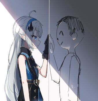 Rule 34 | 1boy, 1girl, ahoge, black gloves, black vest, blue archive, blue dress, blue eyes, blue hairband, commentary, crossover, doodle sensei (blue archive), dress, female tyrant (stella sora), from side, gloves, grey hair, hairband, hashtag-only commentary, highres, long hair, looking at another, panda060, pointy ears, sensei (blue archive), sleeveless, smile, stella sora, tyrant (stella sora), vest