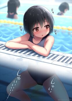 3girls :o arisu_kazumi bare_shoulders black_hair blush brown_eyes collarbone embarrassed female_focus highleg highleg_one-piece_swimsuit in_water japanese_text legs loli looking_back medium_hair multiple_girls one-piece_swimsuit open_mouth pee peeing peeing_in_public peeing_self peeing_underwater pool poolside public_indecency school_swimsuit signature solo_focus sound_effects standing stealth_peeing swimming swimming_lessons swimsuit thighs water wet wet_hair