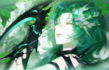 Rule 34 | 1girl, absurdres, black choker, chinese commentary, choker, closed eyes, closed mouth, commentary request, curtained hair, eyelashes, green hair, highres, leaf, lips, long hair, luori dianxin, mantis (path to nowhere), material growth, metal flower, path to nowhere, plant, prosthesis, prosthetic hand, solo, spiked choker, spikes