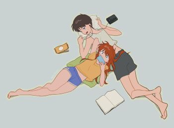 Rule 34 | 1boy, 1girl, bare legs, barefoot, black hair, blue eyes, breasts, brown hair, casual, hair down, highres, holding, holding phone, ikari shinji, long hair, looking at another, looking back, lying, lying on another, lying on person, navel, neon genesis evangelion, on back, on stomach, phone, shinjiisdead, shirt, short hair, short shorts, shorts, simple background, souryuu asuka langley, very long hair, wide hips, yellow shirt