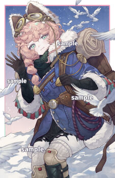 Rule 34 | 1girl, animal, aqua eyes, backpack, bag, bird, black boots, black gloves, black sweater, boots, braid, brown hat, closed mouth, coat, cover, eyewear on head, eyewear strap, feet out of frame, fur-trimmed coat, fur trim, gloves, goggles, goggles on head, goggles on headwear, hand up, hat, highres, leggings, looking at viewer, nautika (reverse:1999), pants, pink hair, purple coat, reverse:1999, sample watermark, smile, snow, solo, sweater, trapper hat, turtleneck, turtleneck sweater, watermark, white bird, white pants, xiao mi mianbao