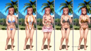 1girl 3d animated animated_gif barefoot bikini bouncing_breasts breasts cleavage clothing_cutout covering_breasts covering_privates curvy dead_or_alive dead_or_alive_xtreme dead_or_alive_xtreme_3_fortune flower flower_necklace frilled_bikini frills honoka_(doa) jewelry large_breasts legs lei lowres midriff multi-strapped_bikini_bottom navel navel_cutout necklace one-piece_swimsuit pink_hair running sarong school_uniform seashell_bikini short_hair split_screen sports_bikini string_bikini swimsuit topless_female underboob