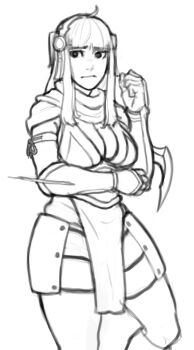 1girl arm_across_waist armor borvar breasts cleavage cosplay costume_switch faulds fire_emblem fire_emblem_fates hair_ornament large_breasts loincloth ninja nintendo rhajat_(fire_emblem) side_slit sketch solo straight_bangs straight_hair