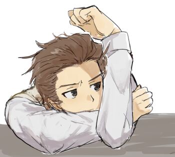 1boy arm_up black_eyes brown_hair clenched_hand elbows_on_table head_rest light_frown long_sleeves looking_to_the_side lurmturm mahou_tsukai_no_yoru male_focus shirt short_hair sketch solo tsukiji_tobimaru upper_body white_shirt